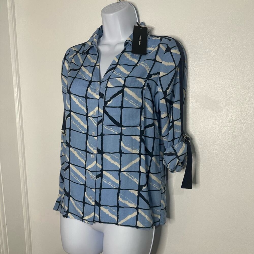 NWT XS  Vero Moda Long Sleeve Printed Womens Blouse, Button Down, Roll Sleeves